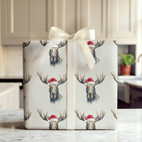 Watercolor Santa Moose Gift Wrap, Moose Christmas Wrapping Paper, Rustic Holiday Wrapping Paper Roll, Winter Wildlife Wrapping Paper