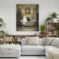 Whimsical Holiday Bath Canvas Print, Ghost and Black Cat Christmas Canvas Wall Art, Spooky Season Cat Canvas, Holiday Wall Decor, Cat Present