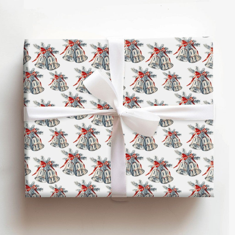 Red Ribbon Christmas Gift Wrap, Vintage Silver Bells Wrapping Paper, Watercolor Holiday Bells Wrapping Paper