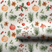 Holly Pine Holiday Gift Wrap, Watercolor Ornaments Christmas Wrapping Paper, Festive Xmas Wrapping Paper, Seasonal Present Gift Wrap Roll