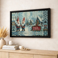 Holiday Gnome Canvas Wall Art, Christmas Gnome Snowy Village Canvas Art, Winter Gnome Poster Decor Print, Printable Digital Download