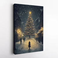 Winter Tree Landscape Christmas Poster, Christmas Village Snowy Night Wall Art, Festive Holiday Home Decor, Digital Download Print