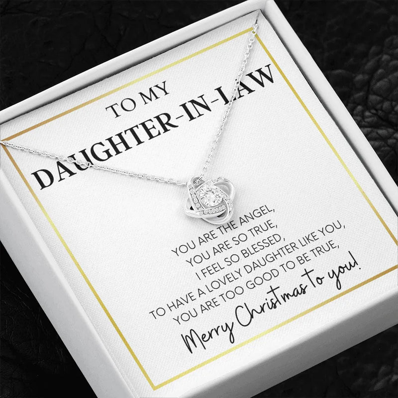 Love Knot Pendant Necklace, Daughter-in-Law Love Knot Necklace, 14k White Gold Finish Steel Necklace, Meaningful Christmas Present for Her