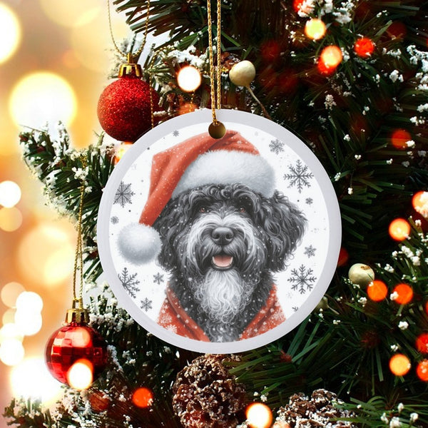 Santa Hat Dog Ceramic Ornament, Portuguese Water Dog Christmas Ornament, Adorable Puppy Holiday Ornament, Pet Lover Xmas Tree