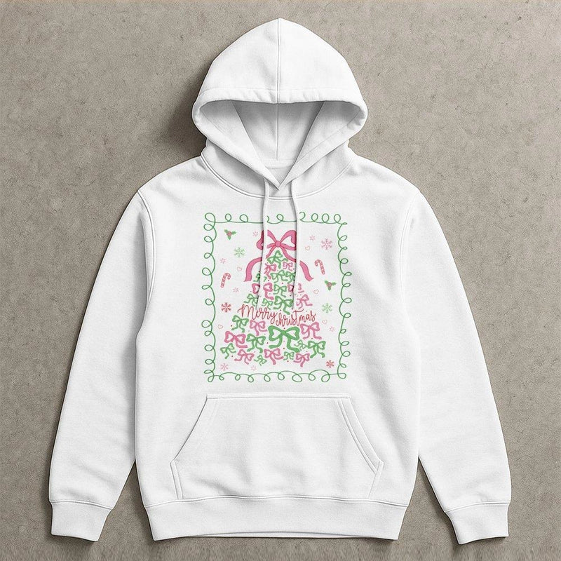 Pink Bow Aesthetic Winter Hoodie, Coquette Christmas Tree Hoodie, Merry Christmas Hooded Pullover, Adorable Holiday Girls Graphic Hoodie