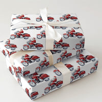 Motorcycle Santa Gift Wrap, Watercolor Biker Santa Wrapping Paper, Red Cruiser Bike Holiday Wrapping Paper, Christmas Biker Gift Wrap Roll