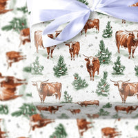 Rustic Western Christmas Gift Wrap, Longhorn Cattle Wrapping Paper, Farmhouse Pine Tree Wrapping Paper, Cow Lover Holiday Gift Wrap