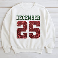 Red Glitter Christmas Number Shirt, December 25 Sweatshirt, Festive Holiday Date Crewneck, Comfy Winter Sweater, Xmas Present for Men Women