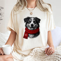 Adorable Winter Scarf Dog Graphic Tee, Border Collie Christmas Dog T-Shirt, Holiday Dog Lover Shirt, Festive Puppy Xmas T-Shirt, Christmas Present