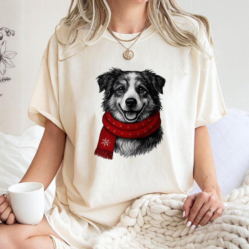 Adorable Winter Scarf Dog Graphic Tee, Border Collie Christmas Dog T-Shirt, Holiday Dog Lover Shirt, Festive Puppy Xmas T-Shirt, Christmas Present