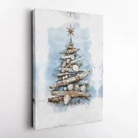 Driftwood Seashell Canvas Print, Coastal Christmas Tree Canvas Wall Art, Beachy Holiday Wall Decor, Nautical Christmas Canvas, Xmas Present