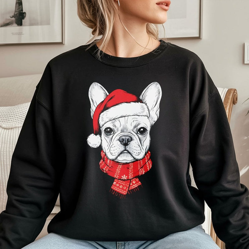 Santa Hat French Bulldog Crewneck, Frenchie Christmas Sweatshirt, Dog Holiday Pullover, Frenchie Xmas Sweatshirt