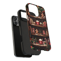 Comfy Gingerbread Hot Cocoa Holiday iPhone Case, Christmas Bookshelf Phone Case, Candy Cane Winter Phone Cover, Bookish Present