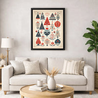 Vintage Folk Art Canvas Print, Scandinavian Christmas Tree Canvas Wall Art, Nordic Winter Holiday Canvas, Rustic Christmas Wall Art Decor
