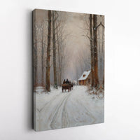Horse Drawn Carriage Snowy Cabin Scene, Winter Forest Canvas Art, Rustic Christmas Landscape Wall Decor, Holiday Present