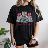 Leopard Print Tree Shirt, Merry and Bright Christmas T-Shirt, Colorful Holiday Graphic Tee, Festive Winter Xmas T-Shirt, Present for Women