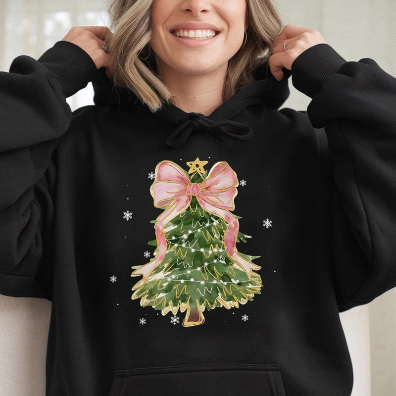 Coquette Bow Holiday Pullover, Watercolor Christmas Tree Hoodie, Aesthetic Winter Season Sweatshirt, Adorable Xmas Tree Hoodie