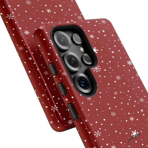 Christmas Snow Pattern Samsung Galaxy Case, Red Snowflake Polka Dot Phone Case, Dual-Layer Festive Tough Phone Cover, Holiday