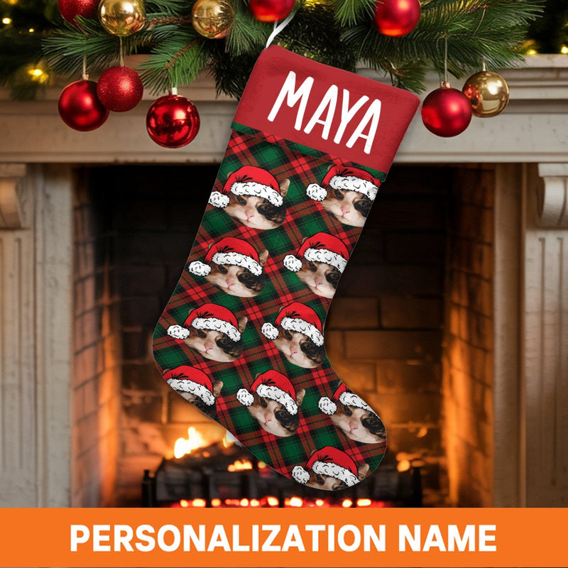 Custom Photo Pet Stocking, Personalized Cat Christmas Stocking, Velboa Holiday Stocking, Xmas Fireplace Decor, Pet Lover Christmas Present