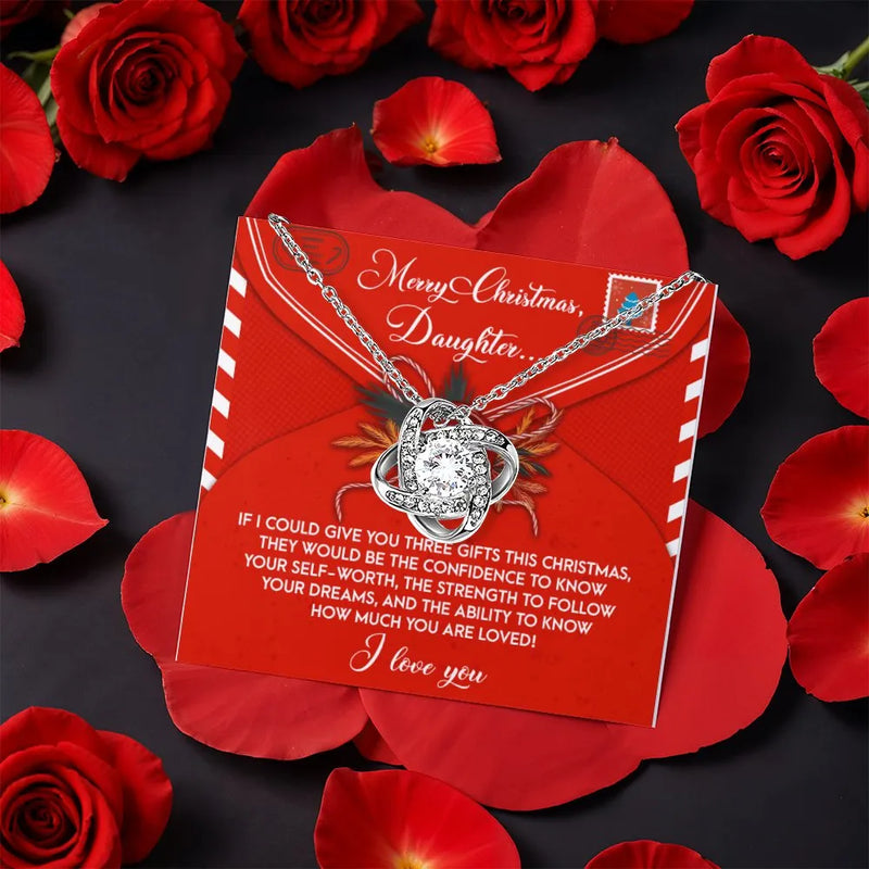 CZ Crystal Love Knot Necklace, Daughter Love Knot Necklace, Gold Knot Pendant, Sentimental Message Card Jewelry, Daughter Christmas Present