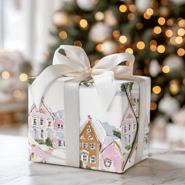 Watercolor Christmas Village Gift Wrap, Pink Gingerbread House Wrapping Paper, Whimsical Holiday Wrapping Paper, Adorable Xma
