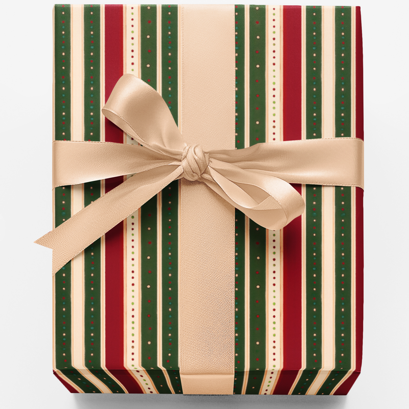 Red Green Cream Stripe Gift Wrap, Classic Striped Christmas Wrapping Paper, Gold Dot Holiday Striped Paper, Festive Winter Gift Wrap Roll