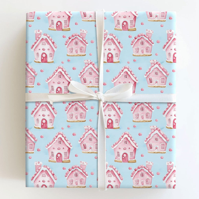 Pastel Christmas Wrapping Paper, Pink Gingerbread House Wrapping Paper, Watercolor Holiday Gift Wrap, Adorable Winter Present Wrapping Paper