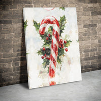 Watercolor Holly Berries Canvas Art, Christmas Candy Cane Wall Art Printable, Holiday Season Painting, Winter Decor Digital Download