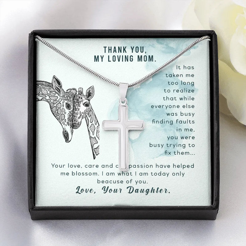 Giraffe Message Card Jewelry, Mom Cross Necklace Present, Stainless Steel Cross Pendant, Meaningful Birthday Christmas Present for Mother