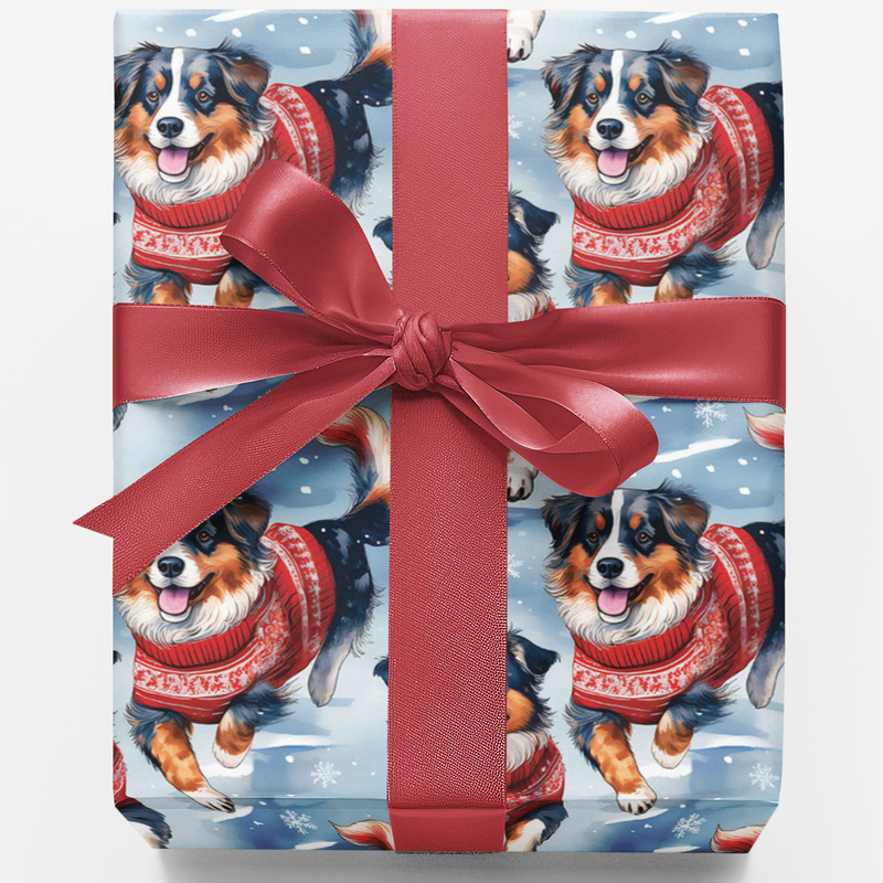 Winter Sweater Dog Gift Wrap, Australian Shepherd Wrapping Paper, Festive Dog Lover Wrapping Paper Roll, Christmas Present Wrap