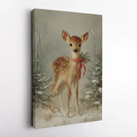 Snowy Forest Deer Holiday Print, Vintage Christmas Fawn Canvas Wall Art, Winter Baby Animal Nursery Decor, Farmhouse Poster