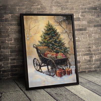 Snowy Tree and Presents Canvas Print, Vintage Christmas Sleigh Canvas Wall Art, Holiday Sleigh Wall Decor, Winter Season Festive Canvas Art
