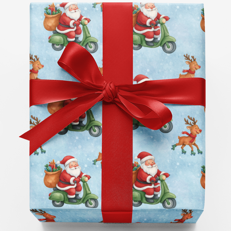 Humorous Reindeer Christmas Gift Wrap, Santa Riding Scooter Wrapping Paper, Retro Holiday Wrapping Paper, Xmas Present Wrap Roll