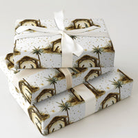 Holy Family Christmas Gift Wrap, Nativity Scene Wrapping Paper, Watercolor Religious Holiday Wrapping Paper, Golden Stars Present Paper
