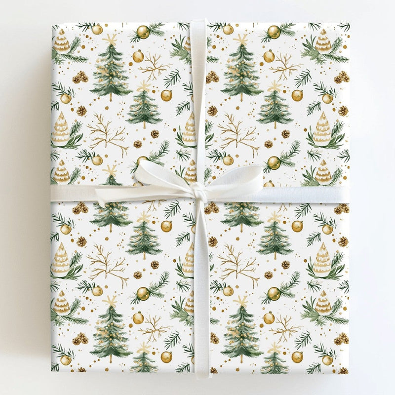 Pinecone Holiday Gift Wrap, Watercolor Christmas Tree Wrapping Paper, Gold Ornament Gift Wrap Roll, Botanical Xmas Present Paper