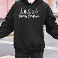 Festive Sketch Line Art Hooded Sweatshirt, Minimalist Christmas Tree Hoodie, Merry Christmas Comfy Pullover, Adorable Holiday Aesthetic Jumper