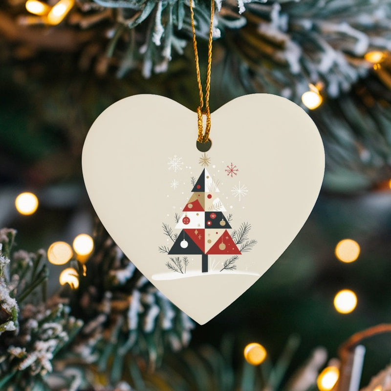 Modern Patchwork Heart Ornament, Geometric Christmas Tree Heart Ornament, Glossy Ceramic Holiday Heart Ornament, Festive Xmas Tree Decor