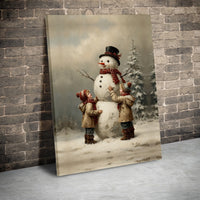 Nostalgic Winter Scene Canvas Print, Vintage Children Building Snowman Canvas Wall Art, Christmas Holiday Canvas Decor