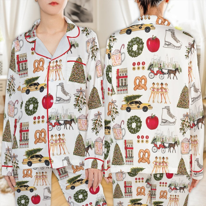 NYC Holiday City Pajama Set, Christmas New York Satin Pajama Set, Winter Aesthetic Loungewear, Silky Long Sleeve Pajama Set, Festive Present