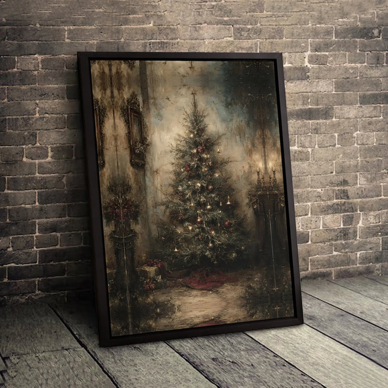 Rustic Holiday Canvas Print, Vintage Christmas Tree Canvas Wall Art, Moody Pine Tree Wall Decor, Festive Christmas Canvas, Holiday Present