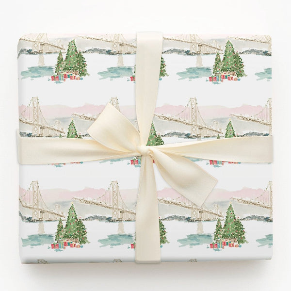 Watercolor Landmark Holiday Gift Wrap, San Francisco Bay Bridge Wrapping Paper, California Christmas Present Wrap, Festive Wi