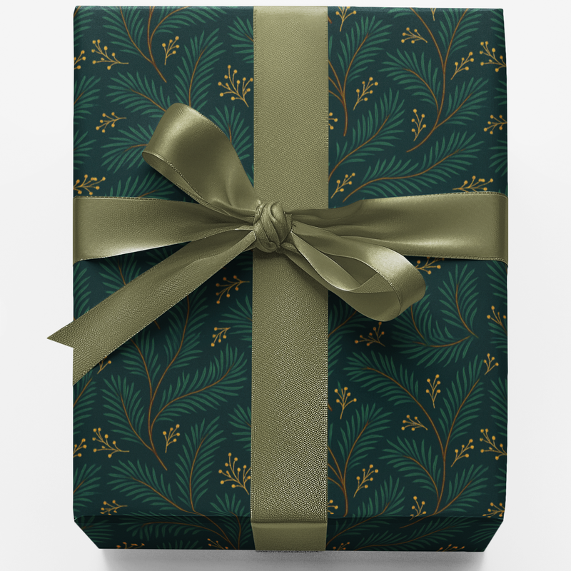 Botanical Pine Needle Gift Wrap, Evergreen Pine Wrapping Paper, Christmas Tree Branch Gift Wrapping Paper, Winter Holiday Present Wrap