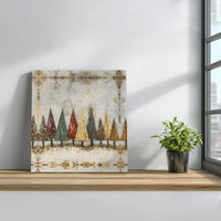 Vintage Gold Leaf Winter Forest Canvas Print, Rustic Christmas Trees Square Canvas, Holiday Wall Art Canvas, Farmhouse Xmas Decor