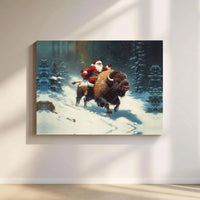 Whimsical Snowy Forest Christmas Canvas Print, Santa Riding Bison Canvas Wall Art, Holiday Buffalo Canvas Decor, Winter Holiday Canvas Art