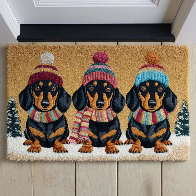 Three Dogs in Hats and Scarves Welcome Mat, Winter Dachshund Trio Doormat, Christmas Wiener Dog Floor Mat, Non-Slip Holiday Entry Mat Decor