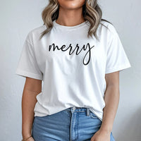 Cursive Script Holiday Typography Tee, Minimalist Merry Christmas T-Shirt, Adorable Simple Christmas Shirt, Winter Festive Outfit Present