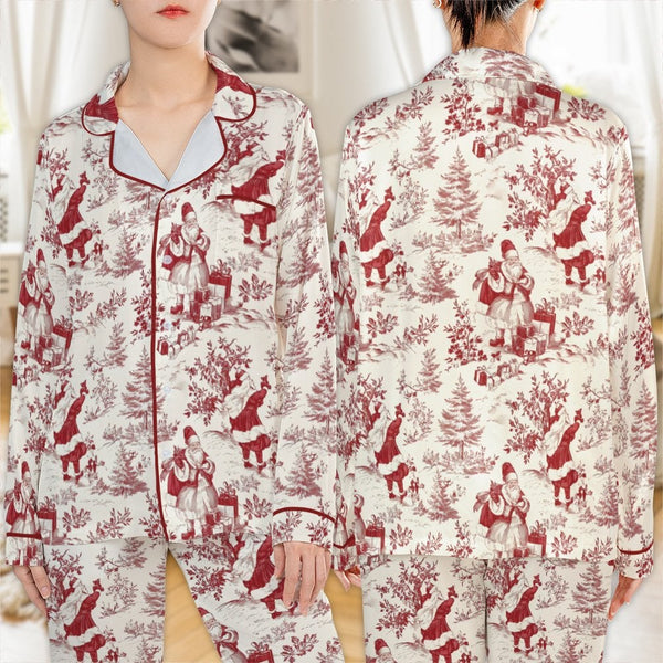 Vintage Holiday Pajama Set, Christmas Santa Toile Satin Pajamas, Festive Christmas Loungewear, Silky Sleepwear, Holiday Prese