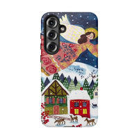 Christmas Folk Art Snow Tough Phone Case, Winter Village Angel Samsung Galaxy Case, Nostalgic Holiday Season Tech Present Cover