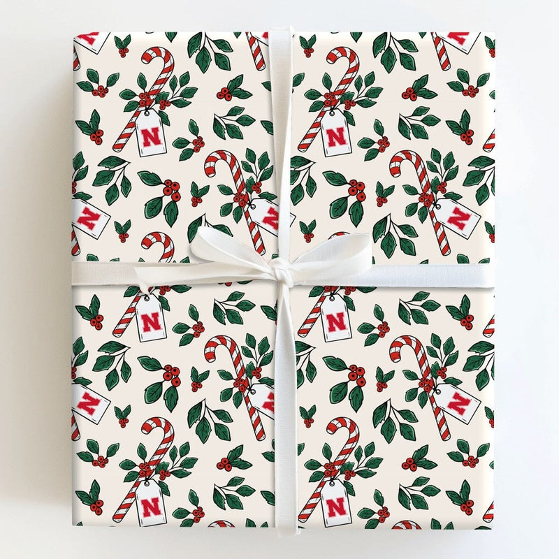Candy Cane Holly Gift Wrap, Initial N Christmas Wrapping Paper, Letter N Holiday Wrapping Paper, Festive Monogram Gift Wrapping Paper