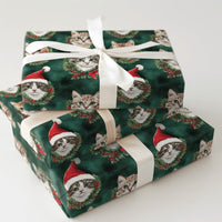 Santa Hat Kitten Gift Wrap, Christmas Cat Wrapping Paper, Holiday Wreath Cat Wrapping Paper, Festive Green Holiday Pet Lover Gift Wrap Roll